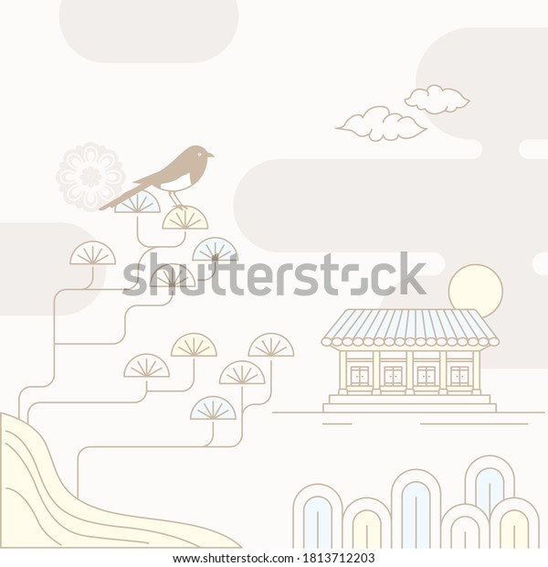 Korean traditional vector illustration with a magpie on the pine trees and a traditional house.