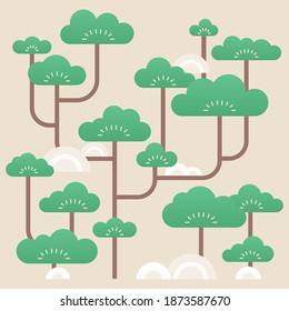 Korean traditional vector illustration with pine trees.