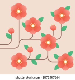 Korean traditional vector illustration with red flowers.