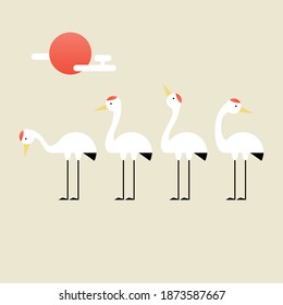 Korean traditional vector illustration with sun and red-crowned crane.