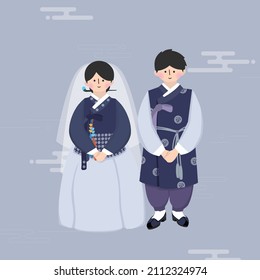 korean traditional wedding couple character. traditional pattern background