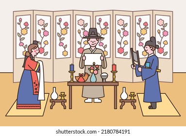 Korean traditional wedding. The groom and the bride face each other with a table in between. The person who officiates is hosting the wedding. flat design style vector illustration.