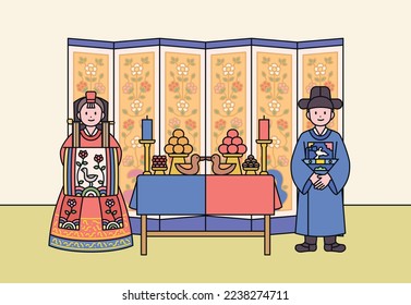 Korean traditional wedding. Groom and bride characters in wedding attire. There is a food table in the middle of them and a folding screen in the background.