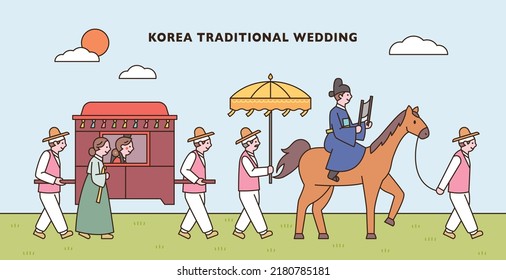 Korean Traditional Wedding. The Groom Is On Horseback And The Bride Is On A Carriage. Flat Design Style Vector Illustration.