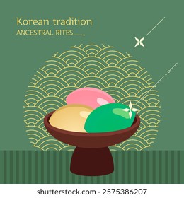 Korean traditions, holidays, Lunar New Year, Chuseok. Food rice cakes for ancestors. Vector illustrations.