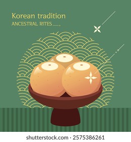 Korean traditions, holidays, Lunar New Year, Chuseok. Food for ancestors Fruit pear. Vector illustration.