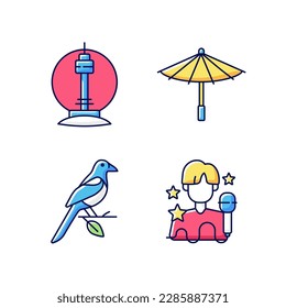 Korean traditions RGB color icons set. N Seoul tower. Traditional umbrella. Oriental magpie. K pop musician. Asian culture. Traditional symbols of Korea. Isolated vector illustrations