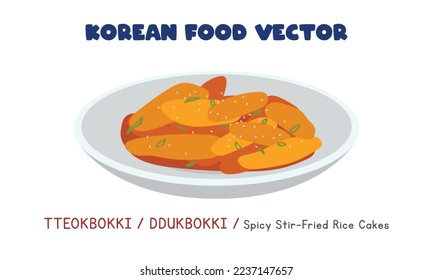 Korean Tteokbokki or Ddukbokki - Spicy Stir-fried Rice Cakes flat vector  design illustration, clipart cartoon style. Asian food. Korean cuisine. Korean food