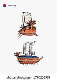 Korean turtle ship, turtle-shaped ship with front and sides, vector illustration.