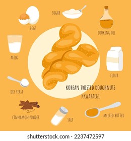 Korean twisted doughnuts kkwabaegi recipe with ingredients. Traditional asianstreet food sweet snack. Cute hand drawn doodle. Vector illustration.