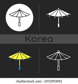 Korean umbrella dark theme icon. Bamboo and paper parasol. Ethnic japanese accessory. Seoul travel. Korean culture. Linear white, simple glyph and RGB color styles. Isolated vector illustrations