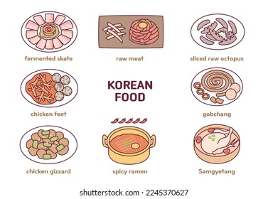 Korean unique food. Skate, raw meat, chicken feet, octopus, chicken gizzards, spicy ramen, samgyetang, giblets. flat vector illustration.