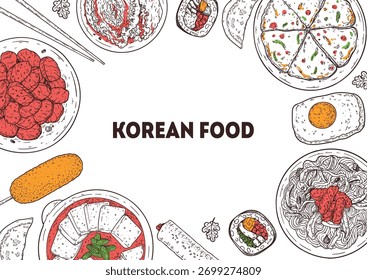 Korean vector drawing food frame. Hand drawn top view Korean food dishes vector sketch illustration.