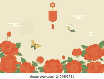 Korean vector illustration of red peony flower and butterfly.