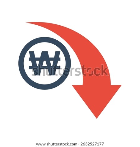 korean wan coin with red exponential down arrow, indian economic falling indicator, stock exchange market negative trend, decreased income pictogram