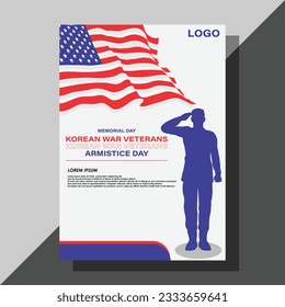 Korean war veterans armistice day flyer design vector. Illustrate silhouettes or small icons of soldiers in their uniform, representing both American and South Korean troops, as it was a joint effort.