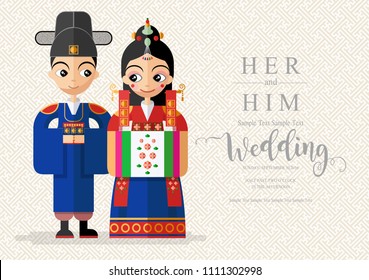 Korean wedding Invitation card templates with Bride and Groom in Korean traditional dress costume on paper color Background.