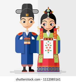 Korean wedding Invitation card templates with Bride and Groom in Korean traditional dress costume on paper color Background.