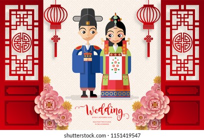 Korean wedding Invitation card templates with Bride and Groom in Korean traditional dress costume on paper color Background.