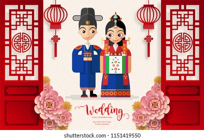 
Korean wedding Invitation card templates with Bride and Groom in Korean traditional dress costume on paper color Background.