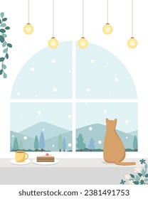 Korean winter background with a cat in the window