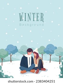Korean winter background, with a couple sitting in the snow.