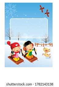 Ilustrador coreano de fondo invernal con niños posando en nieve
