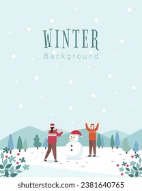 Korean winter background with snowman and two girl.