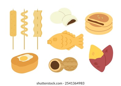 Ilustração de conjunto de lanches de inverno coreano. Coleção de comida de rua de inverno sobre fundo branco. clip-art de vetor de estilo plano.  