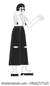 Korean woman arguing on phone black and white cartoon flat illustration. Complaining female 2D lineart character isolated. Emotional expressing, body language monochrome scene vector outline image