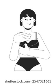 Korean woman in brassier examining breast black and white 2D line character. Mastopathy detection. Asian-american female touching chest isolated vector outline person. Monochrome spot illustration