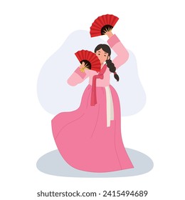 Korean Woman in Hanbok Performing Traditional Fan Dance. 