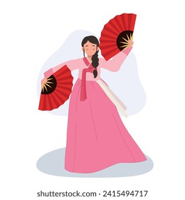 Korean Woman in Hanbok Performing Traditional Fan Dance. 