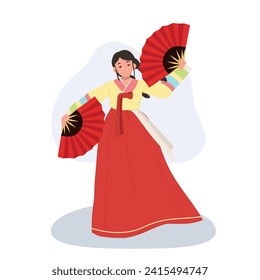 Korean Woman in Hanbok Performing Traditional Fan Dance. 