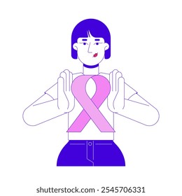 Korean woman holding pink ribbon awareness 2D cartoon character. Breast cancer survivor female asian young adult japanese isolated person flat vector on white background. Spot illustration colorful
