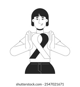 Korean woman holding pink ribbon awareness black and white 2D line character. Breast cancer survivor female asian young adult japanese isolated vector outline person. Monochromatic spot illustration