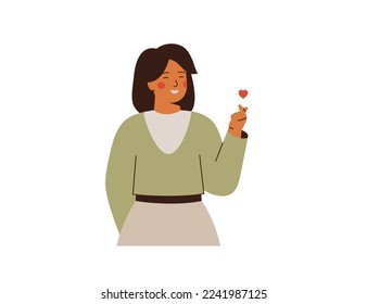 Korean woman makes finger mini heart gesture. Happy asian girl crossed index and thumb fingers with love and respect. Female person say hello with hands. Vector illustration