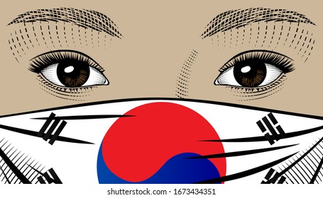 Korean woman in medical mask. Epidemic in South Korea, threat of infection. Quarantine in South Korea. Corona virus quarantine. Vintage engraving stylized drawing. Vector illustration.