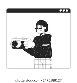 Korean woman photographer on web site black and white 2D line cartoon character. Japanese female holding camera isolated vector outline person. Creative hobby monochromatic flat spot illustration