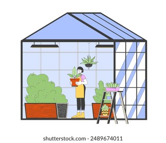 Korean woman working in greenhouse cartoon flat illustration. Asian woman farmer growing plants 2D character isolated on white background. Agricultural technology scene vector color image