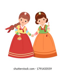 Korean womans holding hands together in traditional korean hanbok dress. Girl friend celebrating Korean national holiday clip art. Flat style vector isolated on white background. 