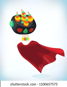 korean women hat. Masquerade costume headdress. Carnival or Halloween mask. Cartoon Vector illustration. Funny super hero flying with cloak. Funny super hero flying with cloak.