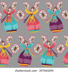 Korean women performing a traditional fan dance. Korean tradition. Seamless background pattern. Vector illustration