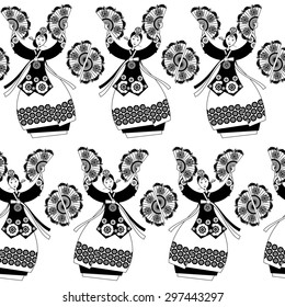 Korean women performing a traditional fan dance. Korean tradition. Black and white. Seamless background pattern. Vector illustration