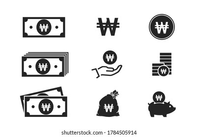 korean won banknotes, coins, cash and money icons. financial and banking infographic elements and symbols for web design