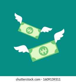 korean won banknotes with white wings. Flat icon. Isolated on blue background. Flying money. Economy, finance, money pictogram. Wealth symbol.  Vector illustration. Free, easy.  Spend, expenses  