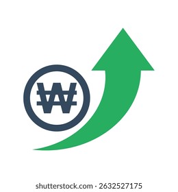 korean won coin with green exponential up arrow, economic growth indicator, stock exchange market positive trend, rising income pictogram