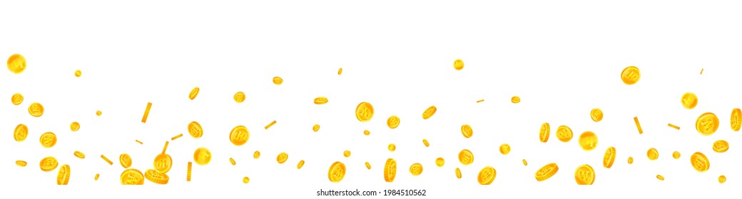 Korean won coins falling. Charming scattered WON coins. Korea money. Alluring jackpot, wealth or success concept. Vector illustration.