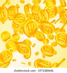 Korean won coins falling. Divine scattered WON coins. Korea money. Precious jackpot, wealth or success concept. Vector illustration.