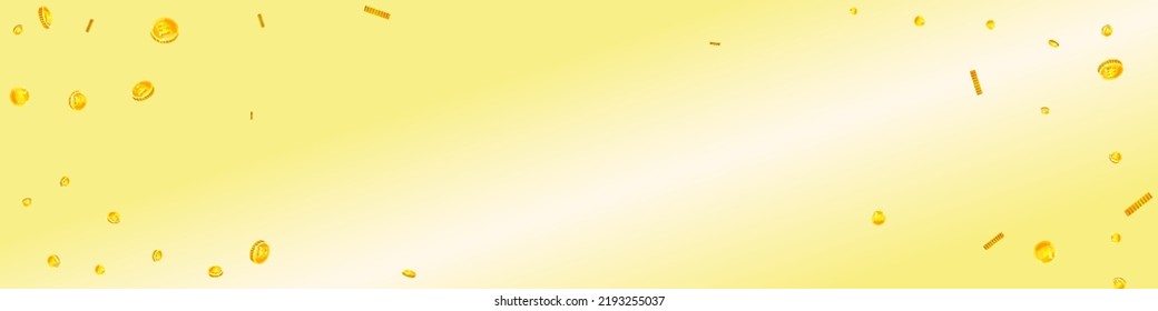 Korean won coins falling. Scattered gold WON coins. Korea money. Great business success concept. Panoramic vector illustration.